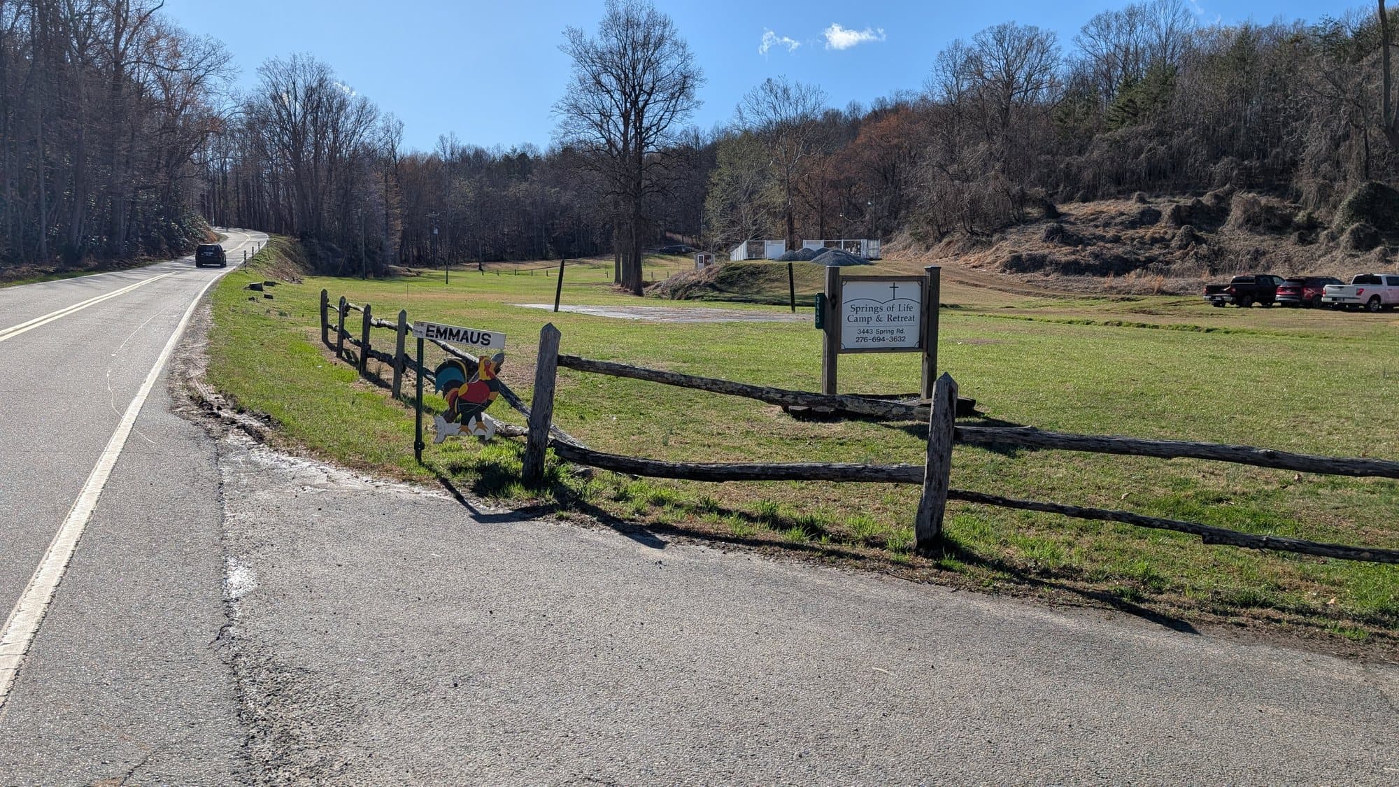 The entrance to Springs of Life Camp off Spring Road, with the Emmaus sign on the fence