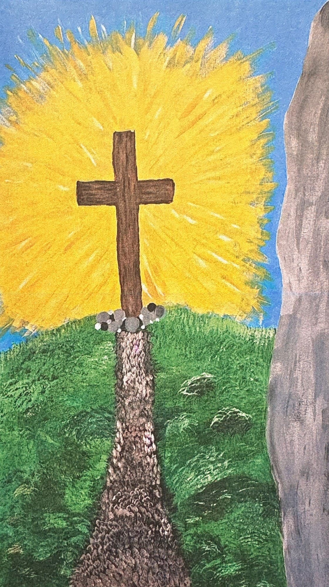 The DRE #108 walk banner: a stone path up to the cross in a burst of light, the rock rolled aside